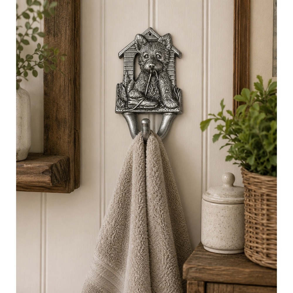 Vintage 90s Dog Wall Hook Puppy Doghouse‎ Coat Towel Key Hook Cast Metal 5"